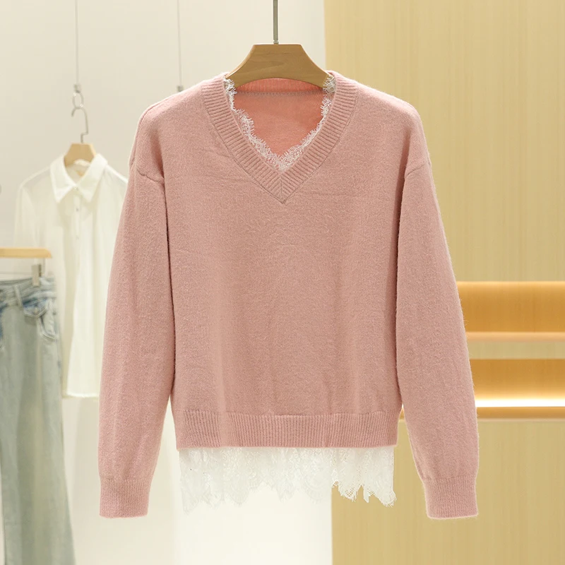 

Faionable Lace Splice Свободный утягивающий вязаный свитер Женский повседневный топ Осенний длинный свеч V-Ne Обычный тонкий