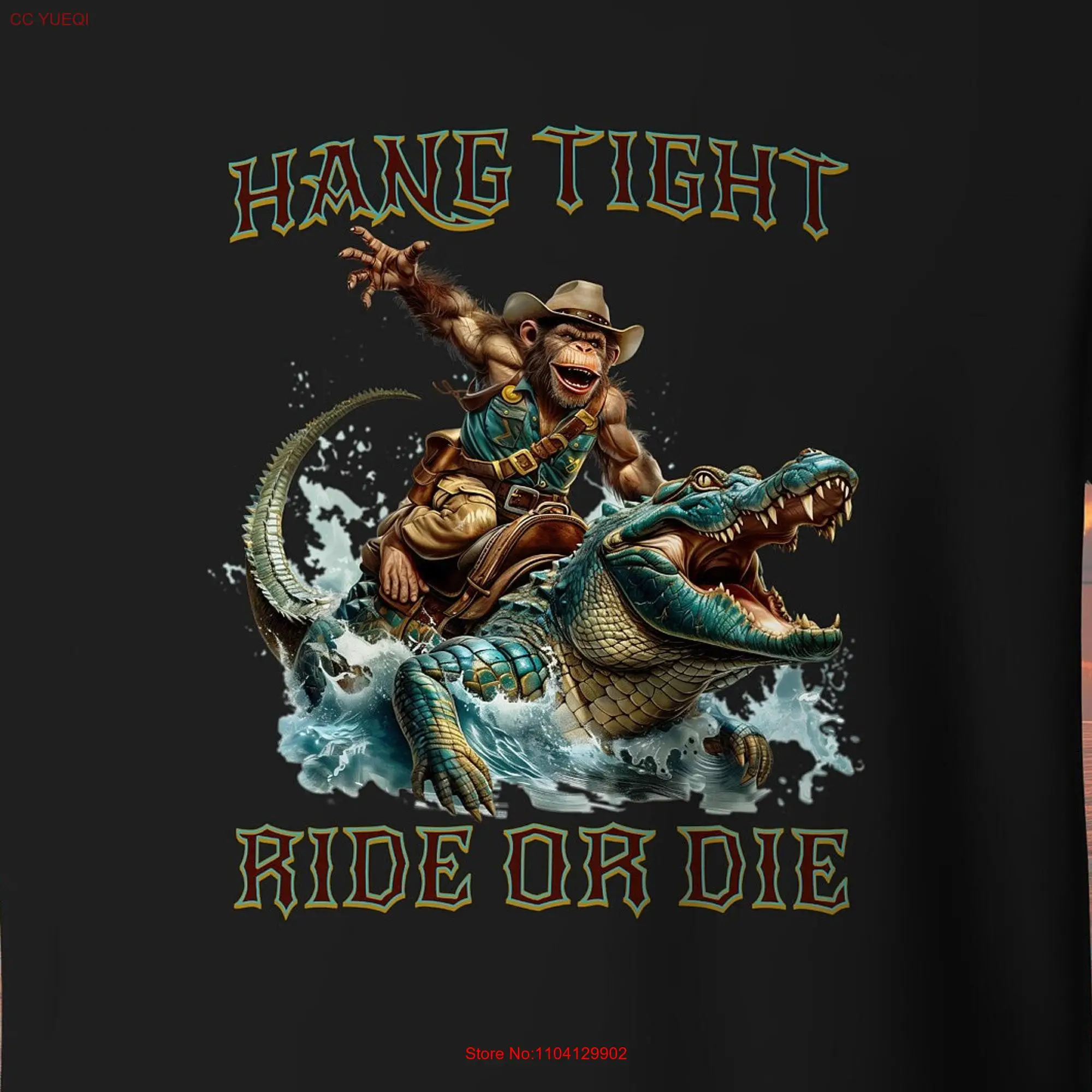 Hang Tight Ride or Die T shirt Cowboy Monkey riding an Alligator Crocodile Rodeo Western Animal lover funny Scary gift for son