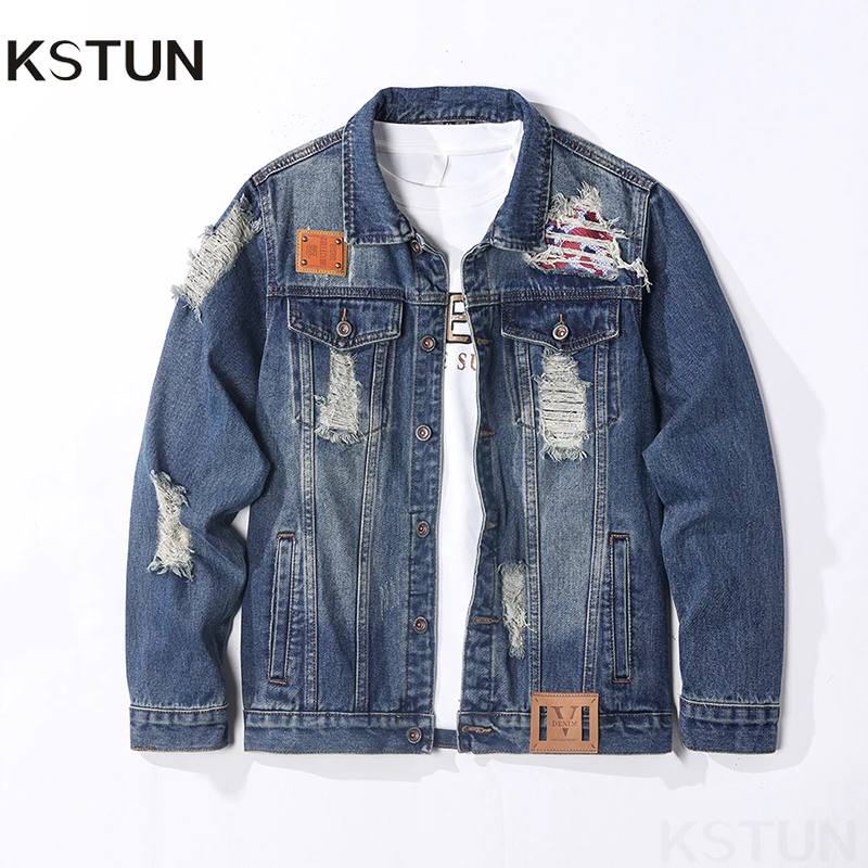 

KSTUN 2025 джинсовое пальто, мужская весенне-осенняя рваная джинсовая куртка, повседневное пальто в американском стиле ретро для уличной одежды, лоскутное потертое пальто