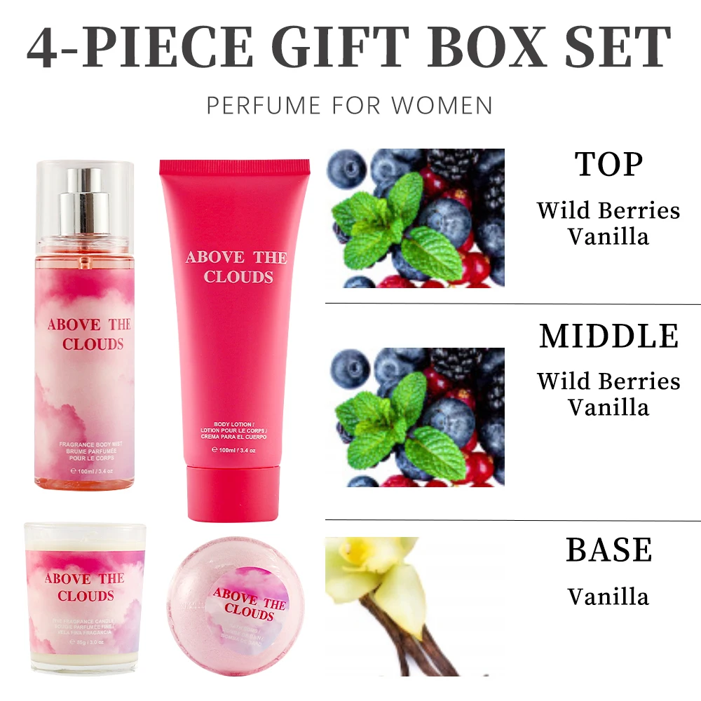 Women's Fragrance Sets 3.4fl.oz Body Mist, 3.4fl.oz Body Lotion, 3oz Candle and 2oz Bath Bomb 4 Pcs ABOVE THE CLOUDS Gift