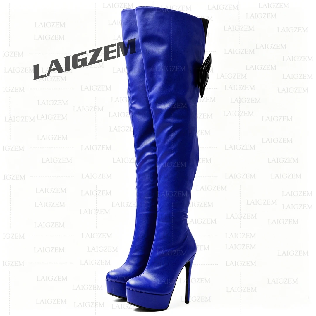

LAIGZEM Women Thigh High Boots Side Zip Stiletto High Heels Platform Boots Over Knee Bowtie Shoes Women Large Size 43 45 49 52
