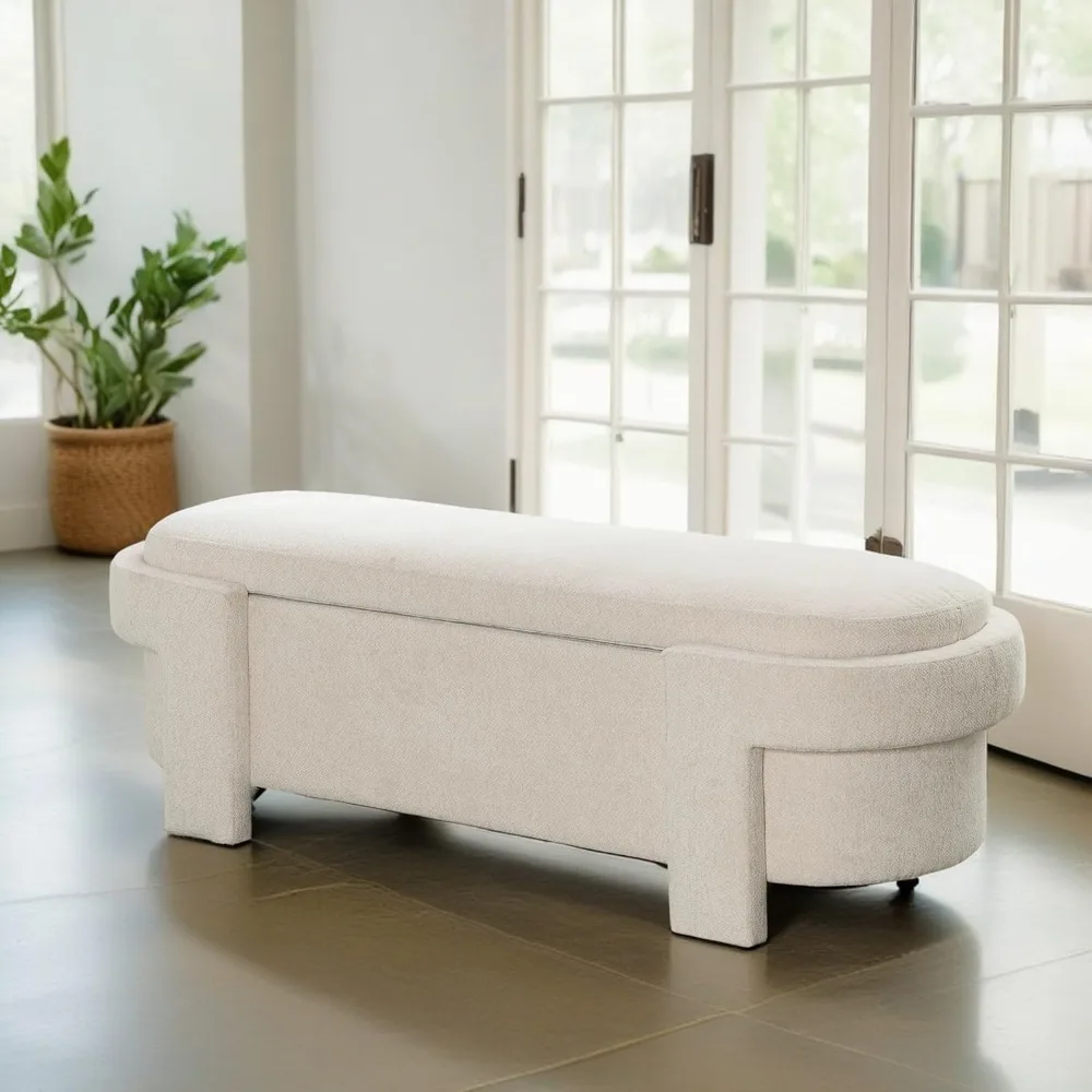 Storage Ottoman Bench, Upholstered Bench Chair, End of Bed Oval Storage Bench Chair, Toy Organizer