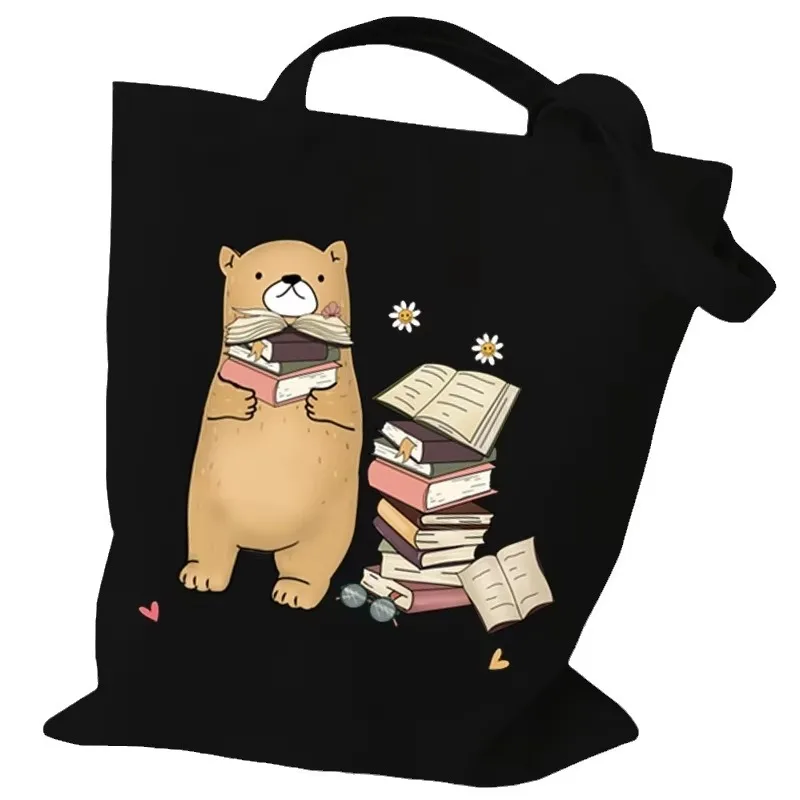 

Black Canvas Shoulder Bag White Cat Silhouette Print Decorative Coffee Cup Flower Details Literary Cute Casual Bag