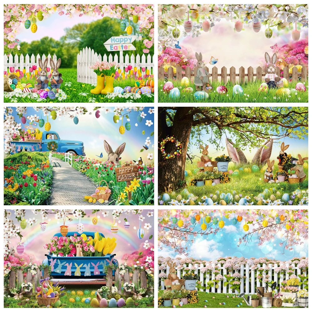 

Happy Easter Backdrop for Photography Spring Easter Rabbit Eggs Flower Garden Bunny Newborn Baby Portrait Photo Background Decor