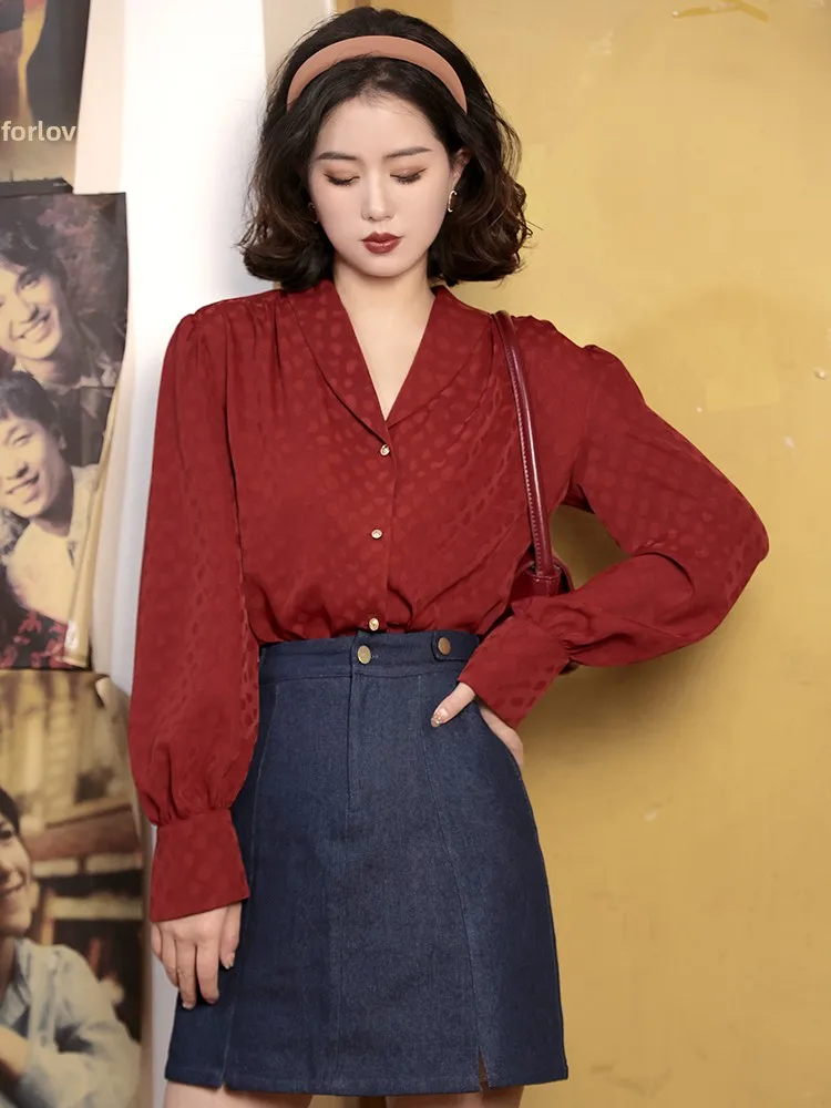 

Taman Retro Hong Kong Style Red Polka Dot Long Sleeve V-Neck Women's Shirt Vintage Elegant Age-Defying Top Quality Polyester
