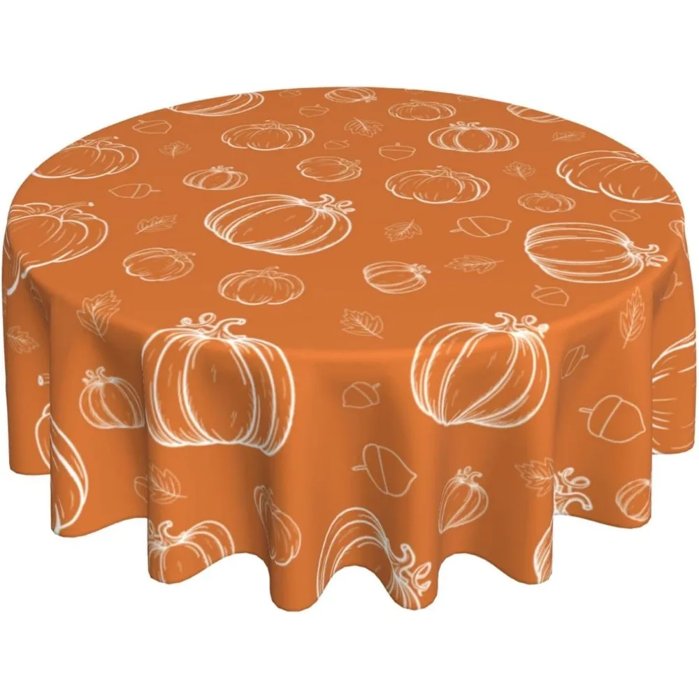 Fall Tablecloth Round 60 Inch White Pumpkins Burnt Orange Table Cloth,Stain Resistance Polyester Thanksgiving Day