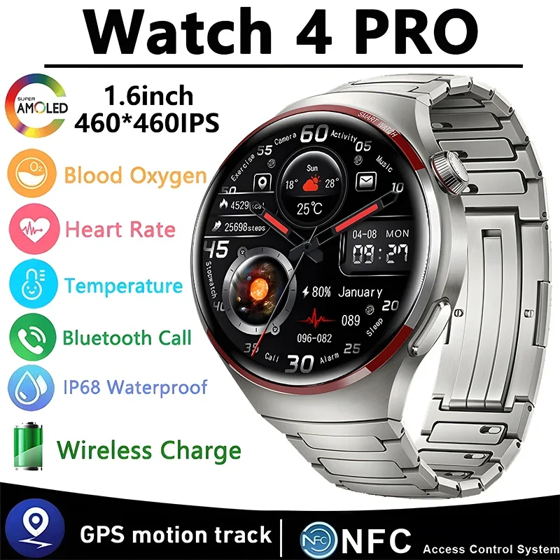 2024 New Men's Original Watch 4 Pro GPS Sports Fitness Tracker AOMLED HD Screen NFC & Bluetooth Call Business Style Smartwatch