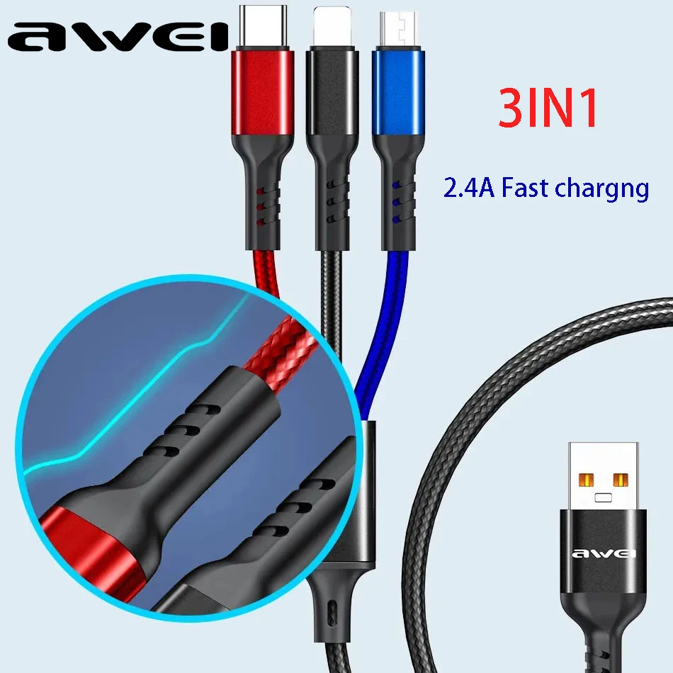 

Awei CL-971 Multi Charger Cable 3 In 1 2.4A Fast Charging Wire For iPhone/Xiaomi USB Type C Mobile Phone Cable Muti Ports Cord