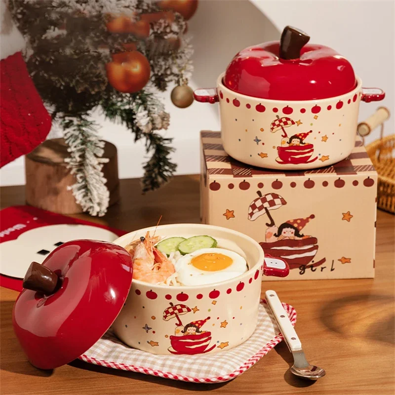 New Cute Cartoon Girl Printed Instant Noodles Bowl And Tableware Birthday Gift With Lid Ceramic Tableware 8inch
