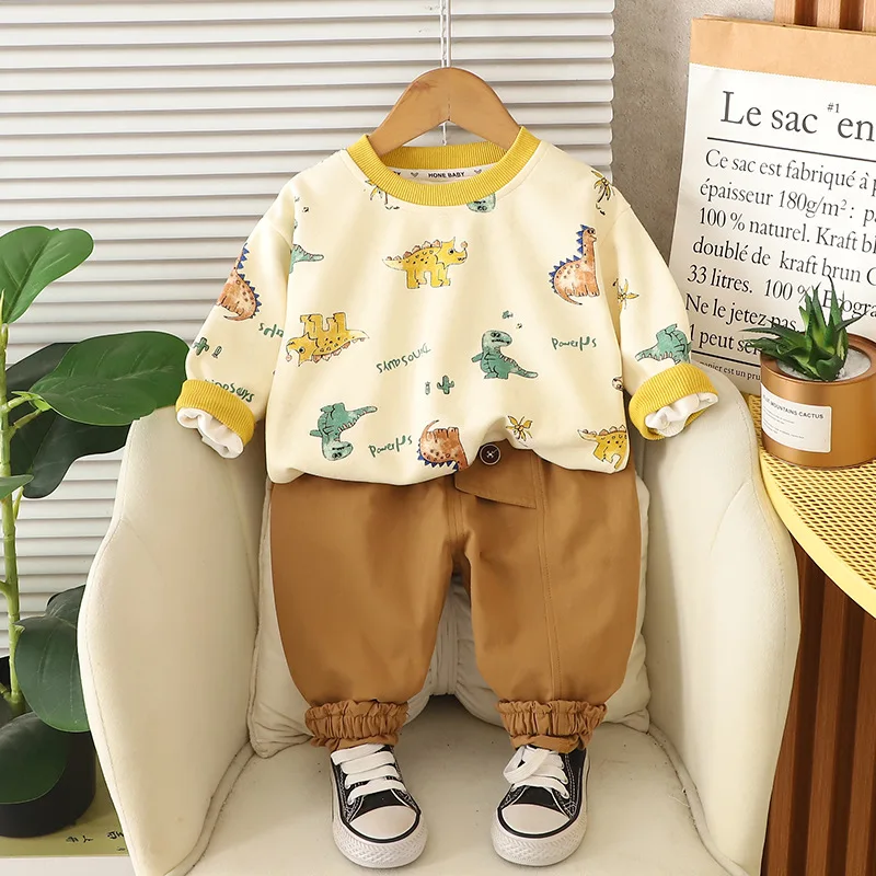 New Autumn Baby Boys Clothing Set Cartoon Dinosaur Print Sweatshirt+Pants 2Pcs Suit For 1-5 Years Toddler Casual Tracksuits