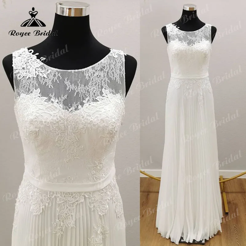 2022 Bohemian A Line Boho abito da sposa Beach manica lunga A sbuffo Cut-out pizzo Appliques Chiffon collo alto abito da sposa senza schienale