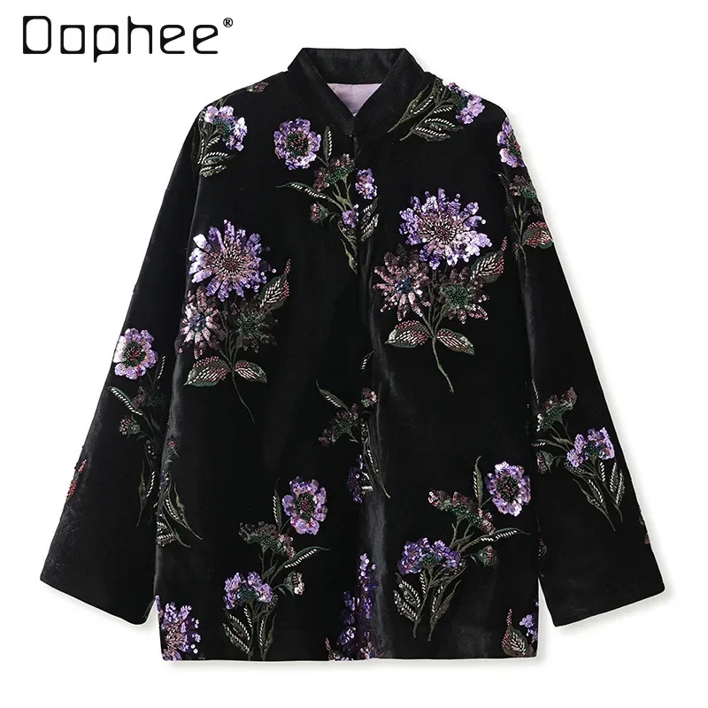 Spring New Chinese Embroidered Sequined Jacket Retro Colored Flower Thicken Coat Heavy Industry Ostrich Fur Patchwork Jackets