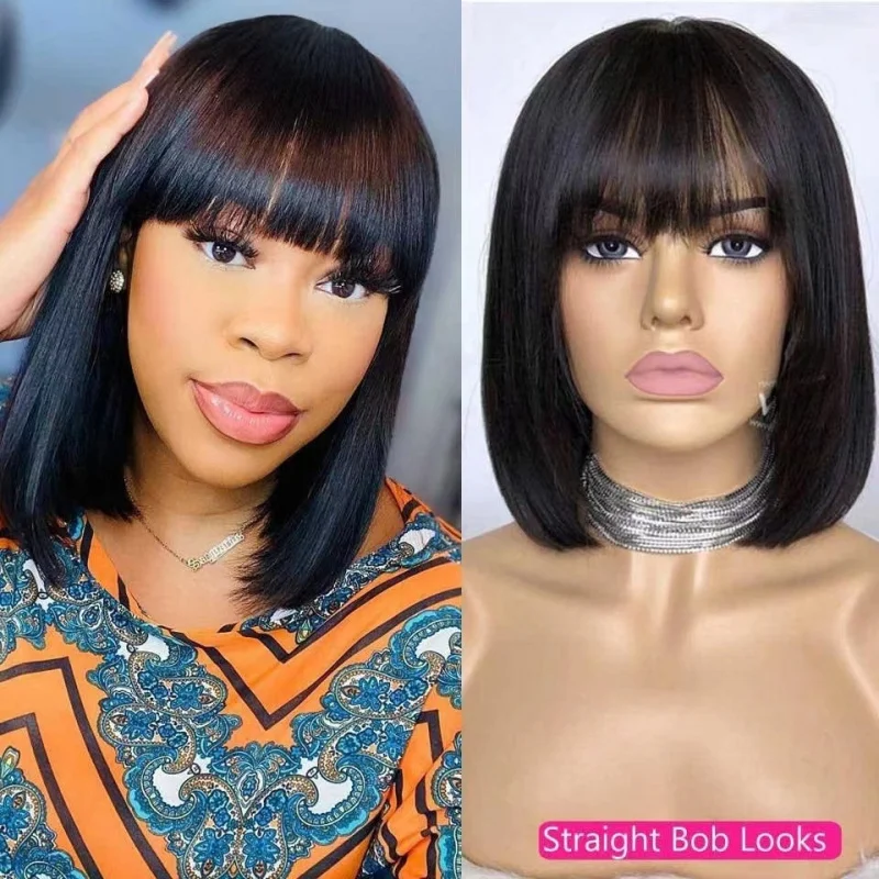 Wig Cute Bob Short Straight Hair with Bangs Fashionable Natural Breathable