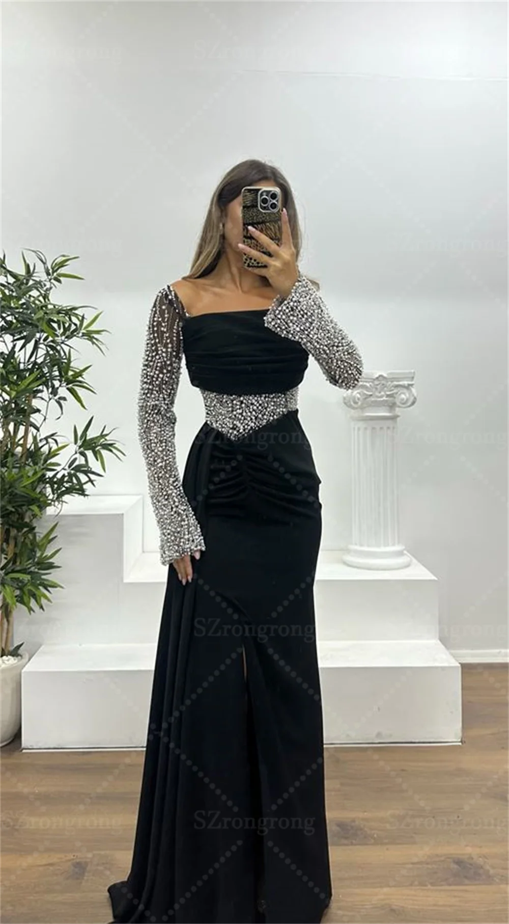 Nach Maß Luxus Quadrat Kragen Langarm Perlen Perlen Abendkleid Backless Maxi Länge Seite Schlitz Abendkleid Vestidos