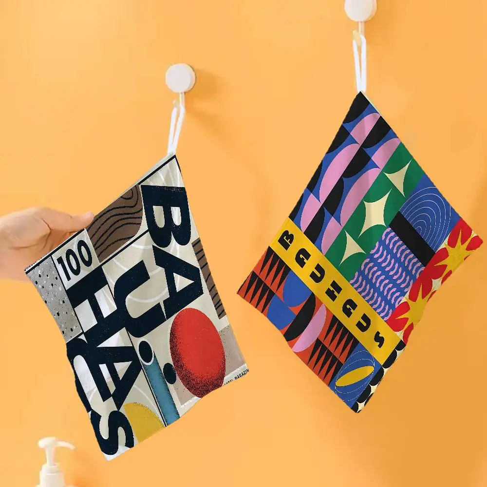Abstract Orange Bauhaus Geometric Polyester Cotton Hand Wiping Towel, Hanging Design, Durable for Household Use