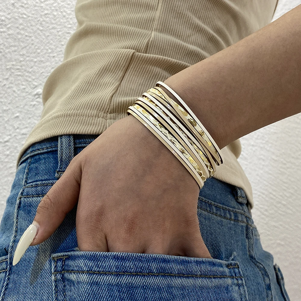 ALLYES Vintage Snake Skin Leather Bracelet Gothic Boho Jewelry Two Tone Multilayer Wrap Chunky Bangle Bracelets for Women Men