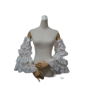 Cosplay Lolita à grandes manches, broderie en dentelle à volants noirs, grande manche papillon évasée, nœud papillon, fête de Rh, isoto bleu marine, blanc