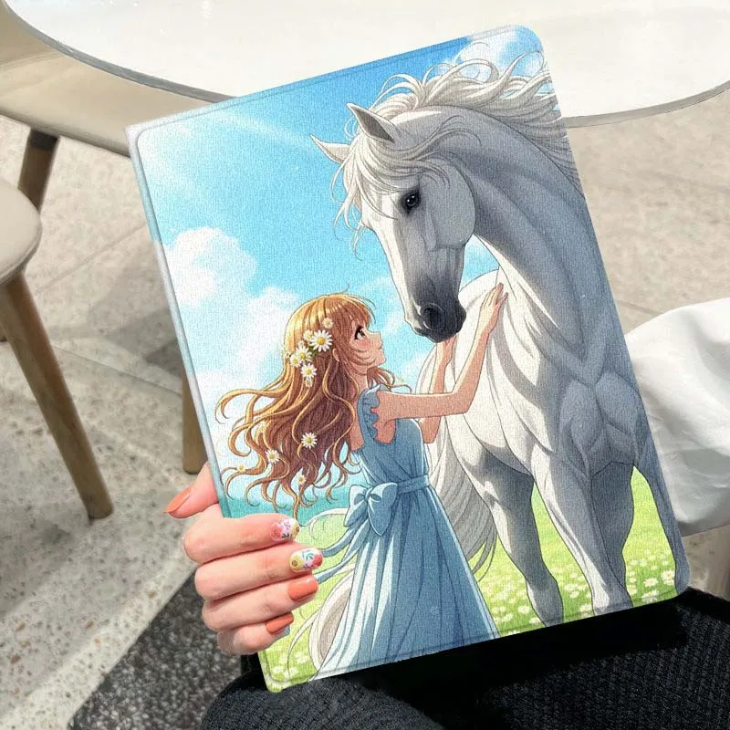 

Girl White Horse For iPad Pro Mini Air 1 2 3 4 5 6 7 7th 10th Gen 9.7 10.2 11 10.9 7.9 13 12.9 10.5 Inch Tablet Case