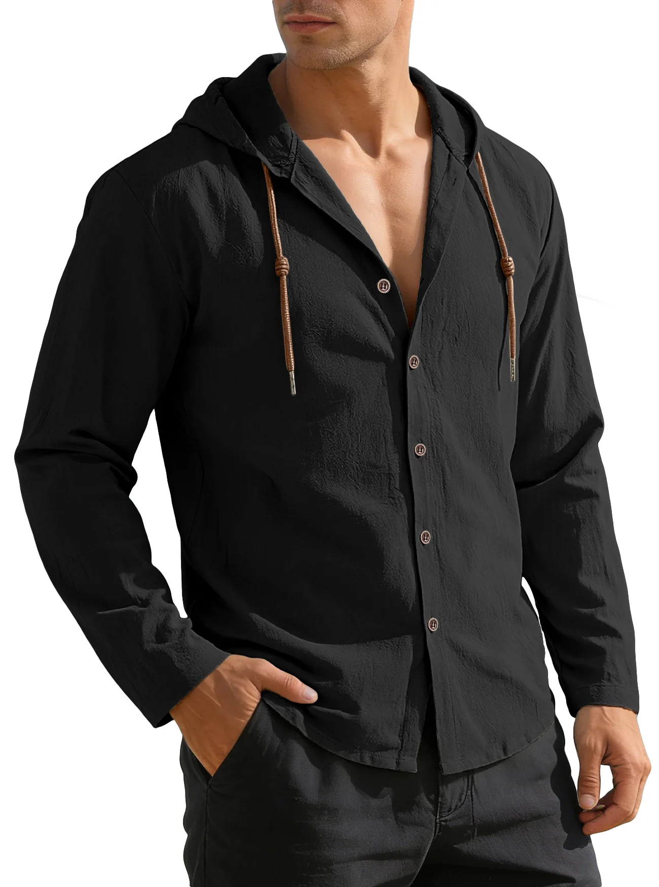 

2026 New Men's Solid Linen Long Sleeve Hooded Shirt Casual Streetwear Button Top Loose Fit Cardigan Clothing for Men