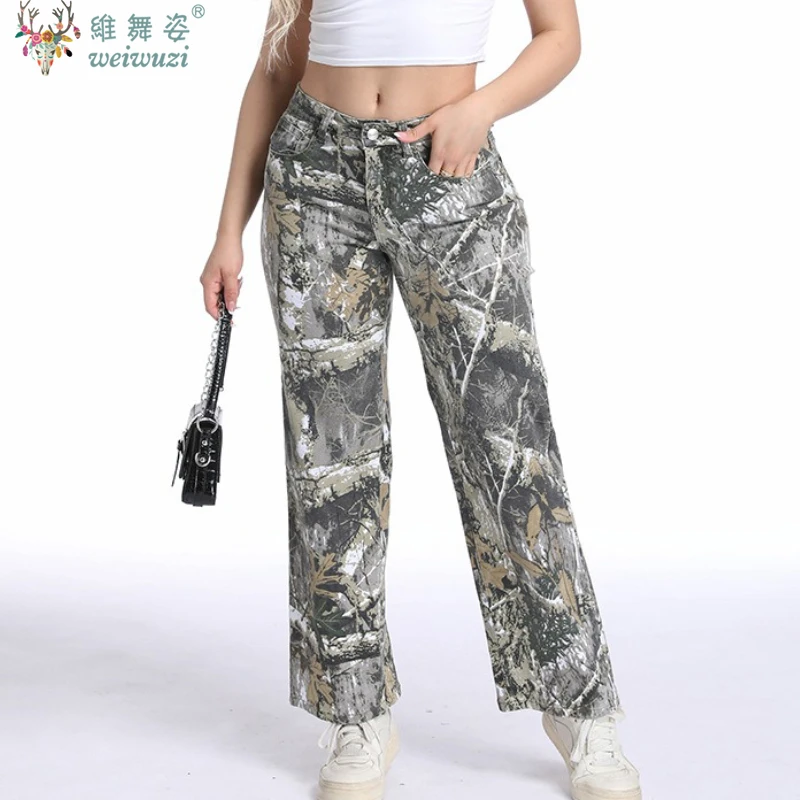 

Women's Jeans High Waist Straight Denim Pants Forest Style Print Loose Cargo Pants Trend Denim Trousers Female Casual Streetwear
