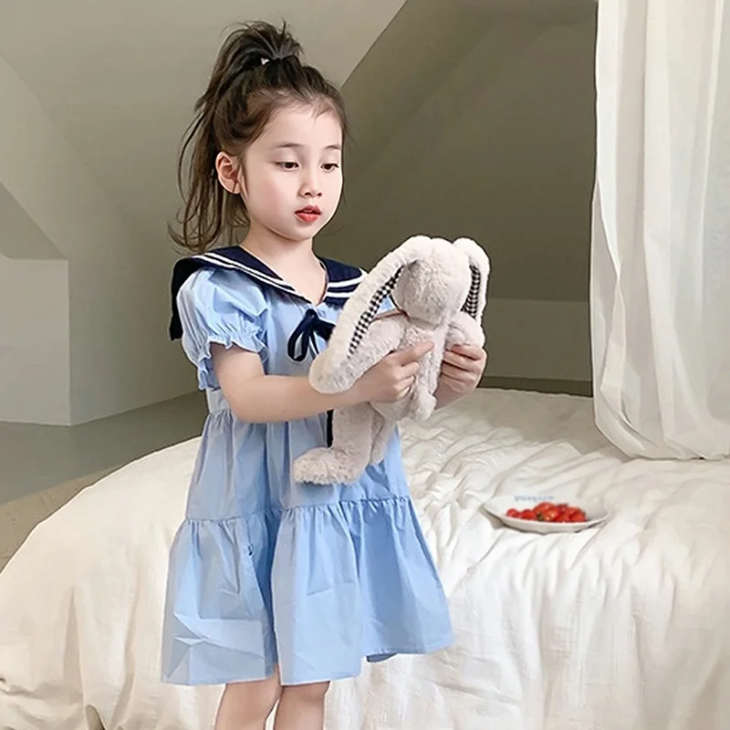 Summer Blue Dress Navy Collar Puffed Sleeve Short Sleeve Preppy Dress Frill Splicing Design Girls Sweet Princess Party Dress