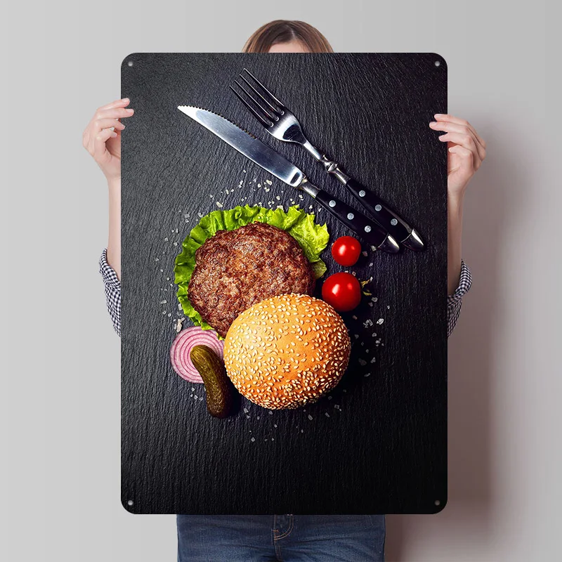 Póster de Hojalata con Diseño de Hamburguesas y Tomates, Arte de Pared Personalizado, Letreros Metálicos Vintage, Placa de Hojalata Retro para Decoración del Hogar, Artículos de Decoración para el Hogar
