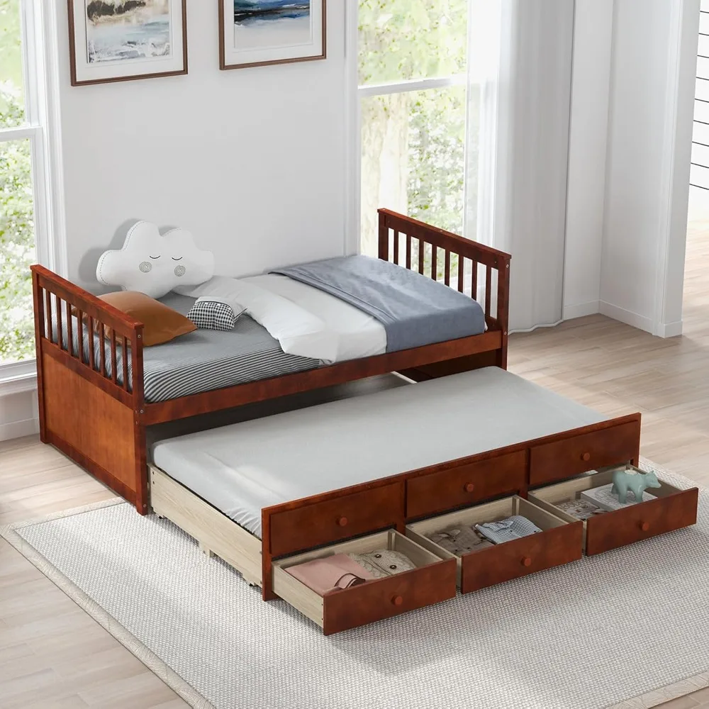 Trundle Bed, Wood Daybed with 3 Storage Drawers, Twin Trundle Bed for Kids Teens Adults Guest Room Bedroom