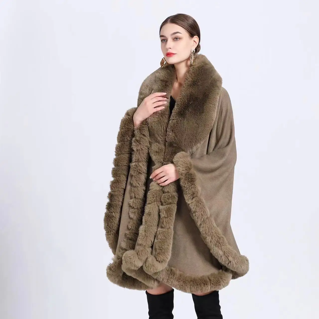 Autumn and Winter New Imitation Otter Rabbit Fur Collar Shawl Cape Plus Size Knitted Cardigan Loose Jacket for Women