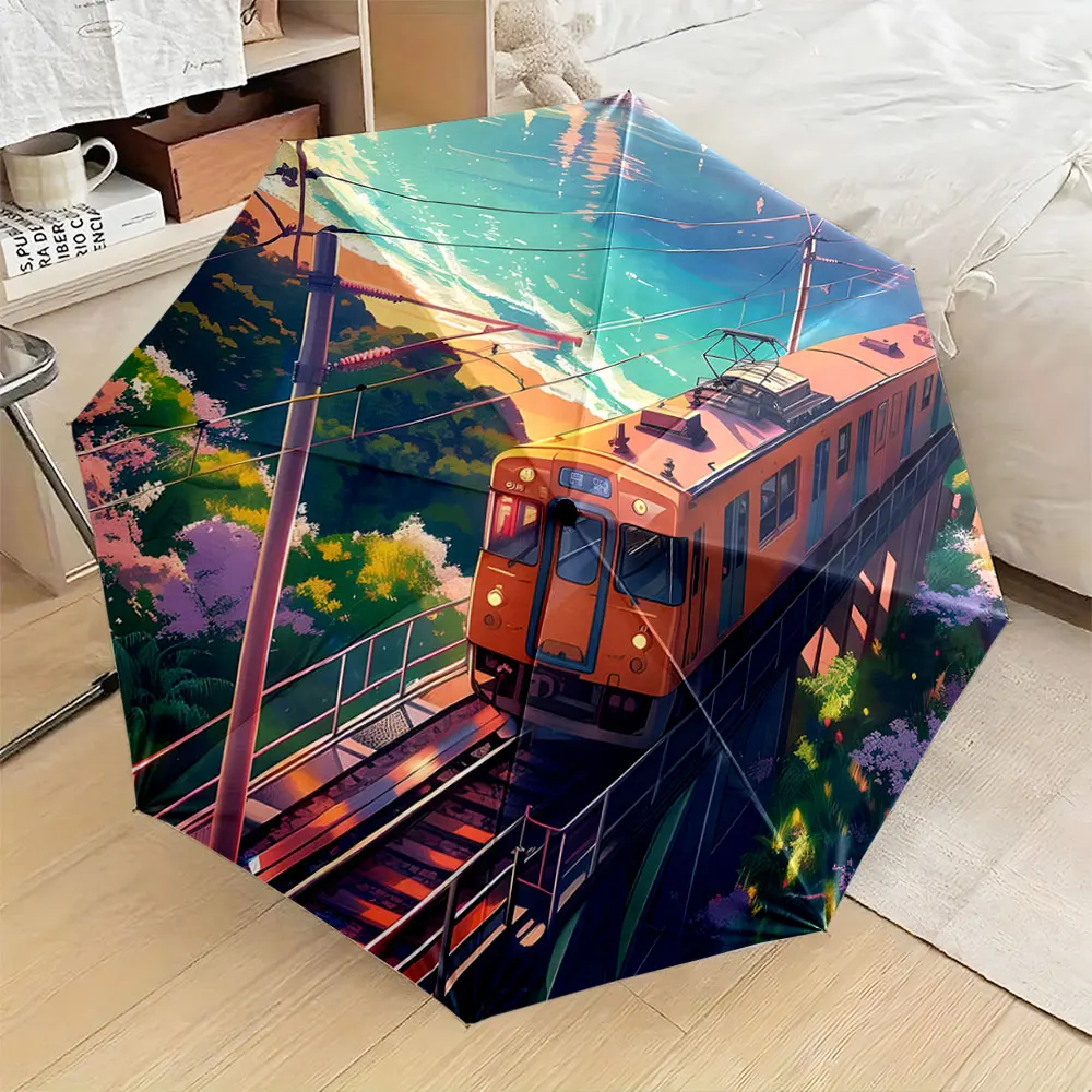 1PC Train Journey Amid Scenic Nature Print 8 Iron Ribs Folding Umbrella Auto-Open Fashion Sunshade