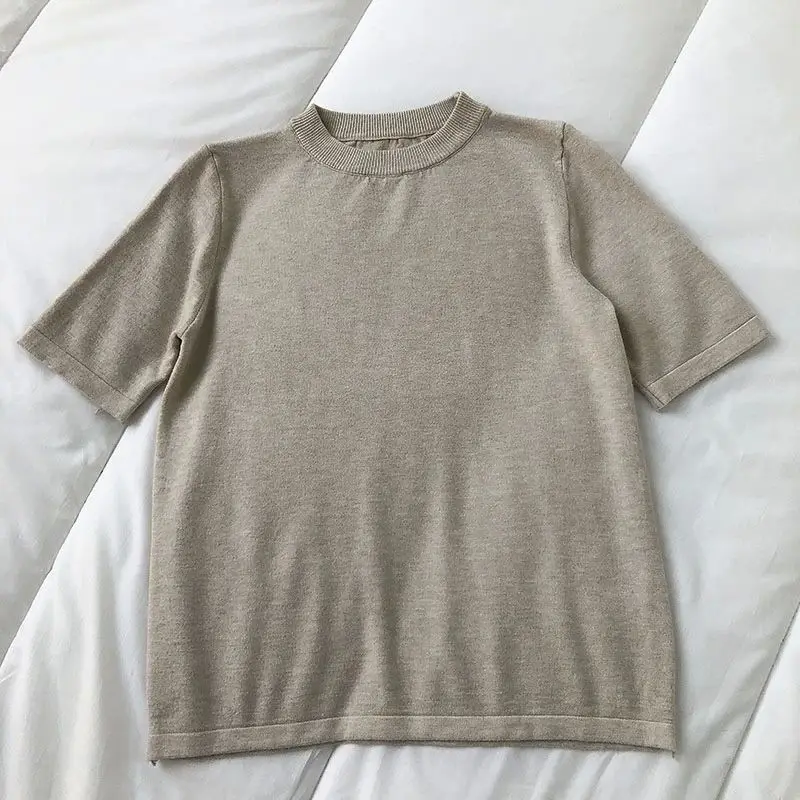 

Korean Sle Women's Summer T-irt Casual Slim Fit Knitted ort Sve One-Ne Line irt Ladies Faion Basic Top