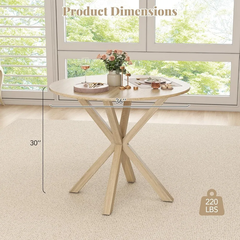 طاولة طعام مستديرة على طراز المزرعة العتيقة 36 لـ 4 أشخاص - طاولة مطبخ من الخشب المطاطي الريفي مع أرجل متقاطعة، مناسبة لـ Vi