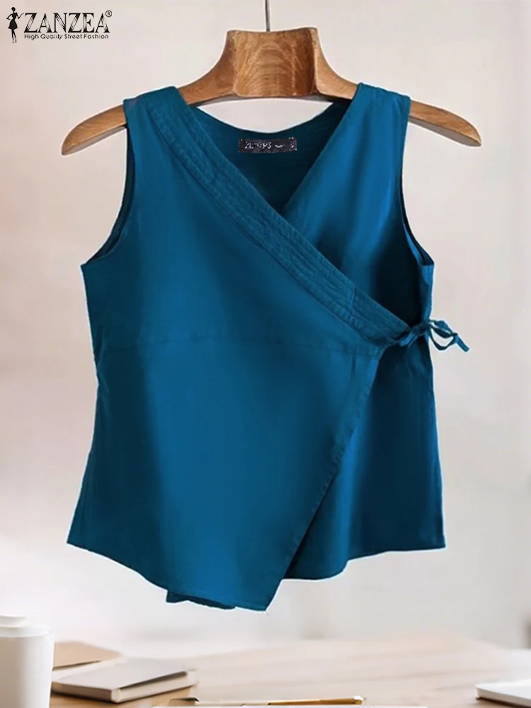 

ZANZEA Lace-Up Tanks Simple Sleeveless Deep V-neck Tops Women 2025 Summer Party Camis Solid Color Tees Casual Loose Tunics