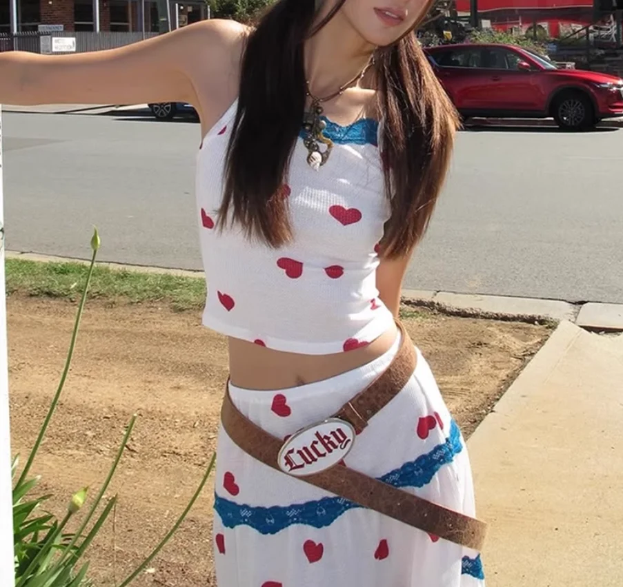 Harajuku Vintage Skirt Love Print A-line for Women, Female Long Skirts, Slim, Kawaii, White, Elastic Waist Skirts Suit New
