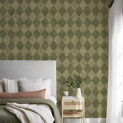 Papel tapiz de celosía acanalado verde oscuro clásico, pegatina de decoración de muebles de cuadros cruzados de Color Vintage, papel tapiz de PVC de pelar y pegar