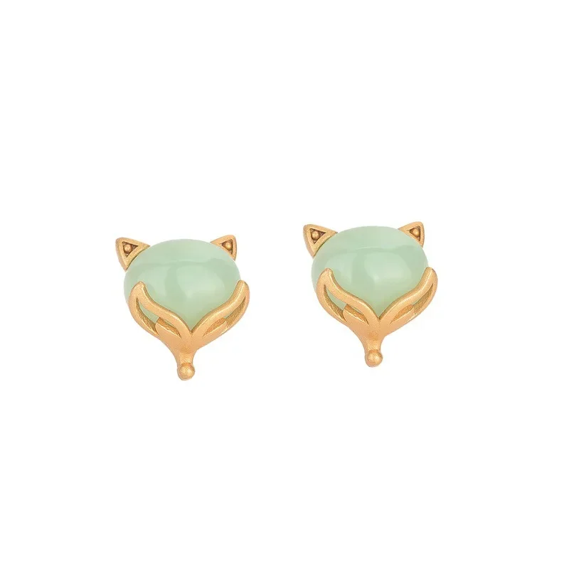 

Green Natural Jade Fox Earrings Designer 18K Gold Plated Real Jewelry Amulet Charm Carved Gemstone Ear Stud Luxury