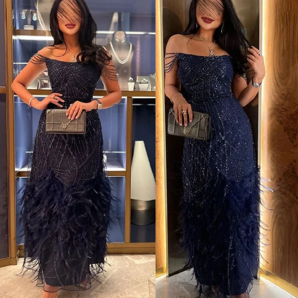 Customized Fashion Exquisite Off-the-shoulder A-line Evening Dresses Tassel Paillette Beading Net Tulle Custom Dress