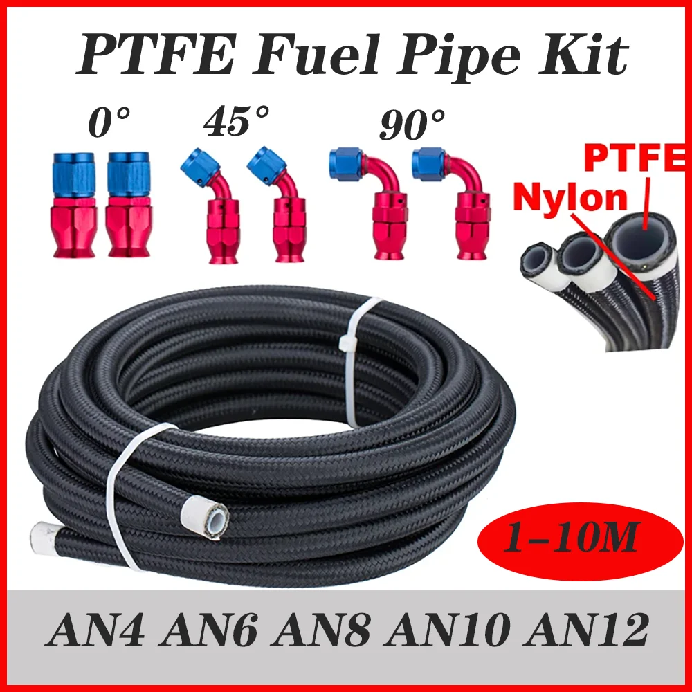 Universal AN4/6/8/10/12 PTFE Fuel Line Kit  E85 Stainless Steel Braided Fuel Hose Pipe w/ 6pcs Hose End Fittings Adapters