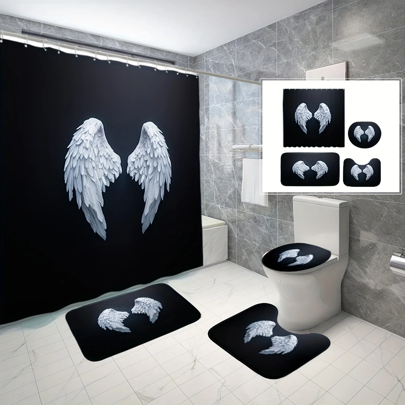 

Набор из 4 предметов с рисунком крыльев ангела на черном фоне, занавеской для душа, нескользящим напольным ковриком, чехлом на сиденье унитаза и U-образным ковриком