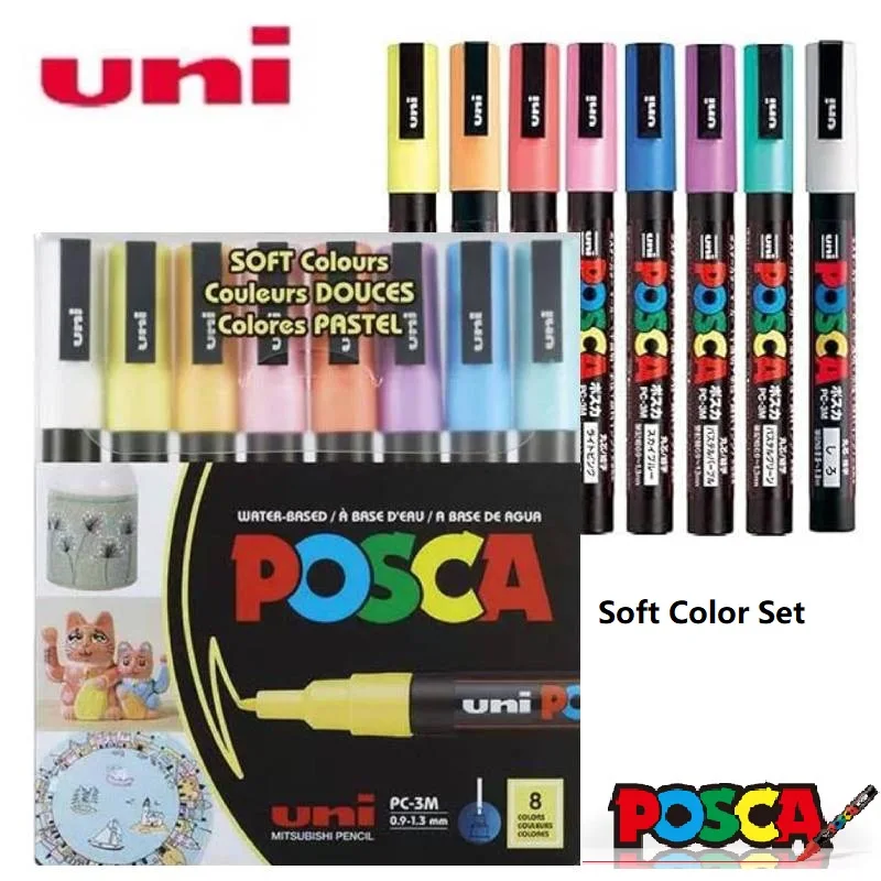 Posca 8pcs Maker Pen Set of Soft Colors, PC-1M 3M 0.7/0.9-1.3mm Bullet Tips Acrylic Art Drawing Pens for Fabric Paint Mug Graffi