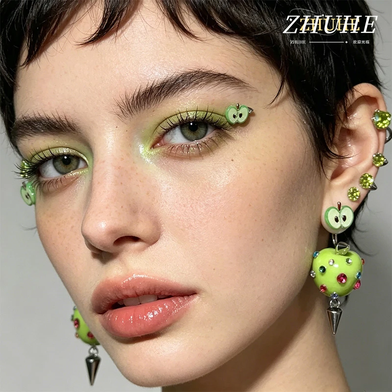 Pendientes Novedosos de Cobre con Diseño de Manzana Verde, Accesorios de Joyería, Combo de Aros y Broqueles con Temática de Frutas Divertidas para Hombres y Mujeres, Estilo Estético Moderno