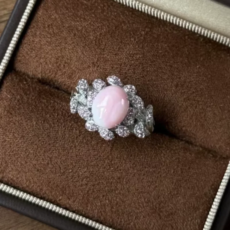 Cameo 925 Silver Gold Plated Synthetic Zircon Natural Pink Queen Shell Flower Fine Jewelry Ring for Women
