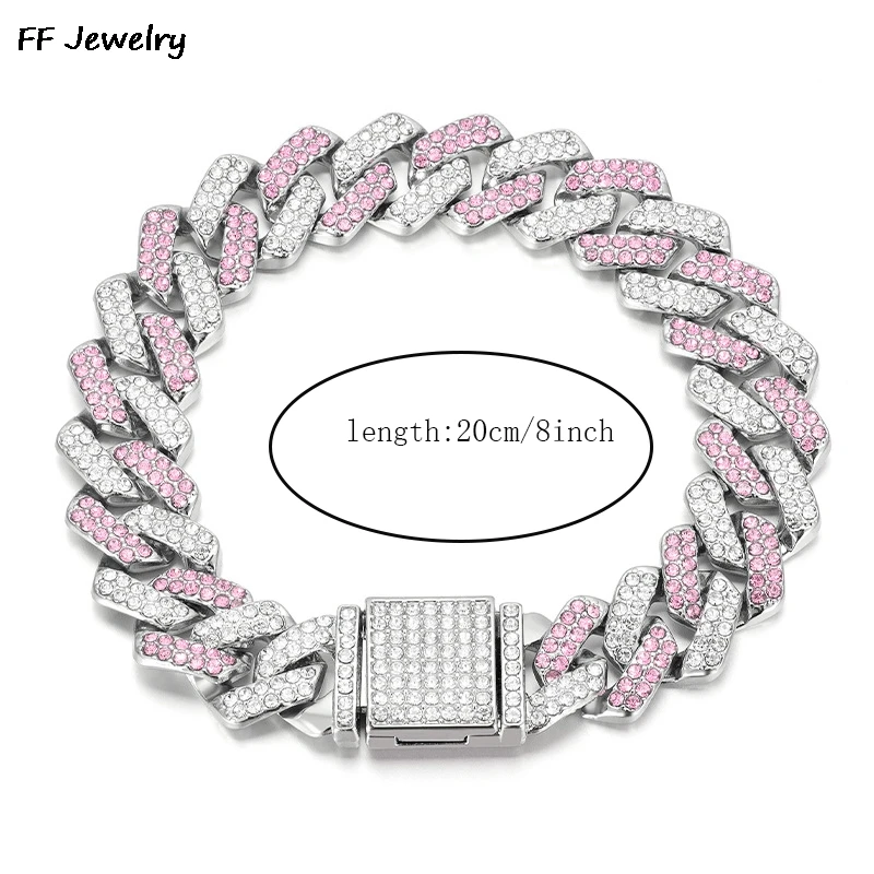 14mmHip Hop Shiny Cuban Link Chain Bracelets Women Men  PINK  Color Rhinestone Iced Out Chain Bracelets Punk Wristband Jewelry