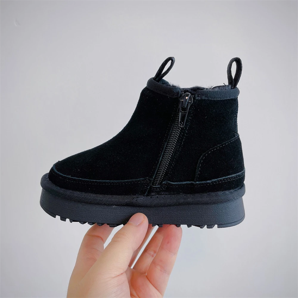 Botas de algodón de cuero genuino para niños, botas de nieve cálidas, impermeables, a la moda, para aumento de altura, Invierno