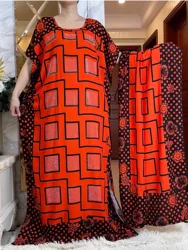 Nieuwe Zomer Afrikaanse Korte Mouw Katoenen Jurk Met Grote Sjaal Losse Print Bloemen Boubou Maxi Islam Vrouwen Diamanten Abaya Kleding