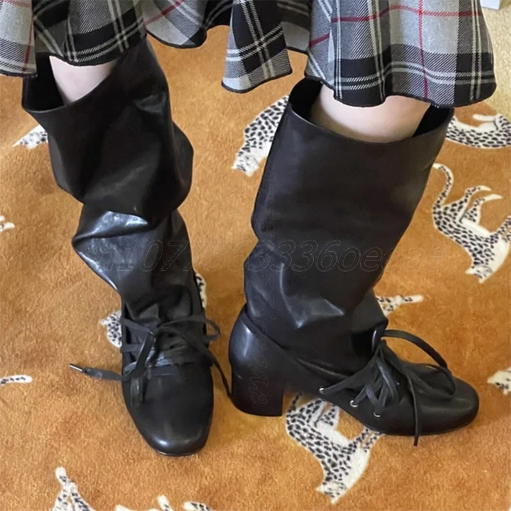 

Lace up Round Toe Trouser Boots Matte Leather Biker Shoes for Women Knee High Chunky Heels Fashion Shoe 2025 Zapatos Para Mujere