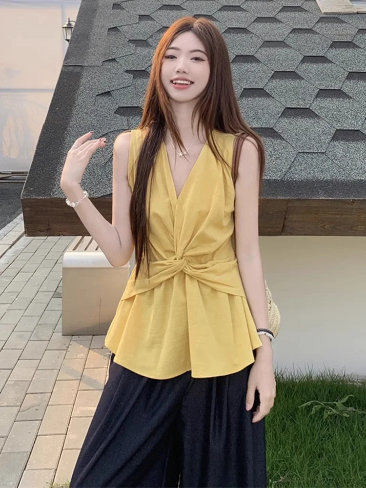 Top sin Mangas para Mujer Dopne, Amarillo, con Nudo en V, Diseño Ajustado a la Cintura, Ropa Exterior, Estilo Casual, Moderno y a la Moda