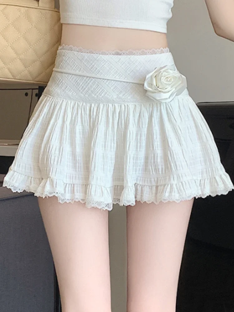 

Sweet Elegant Loose Lace Short Skirt Women France Fashion Solid High Waist Ruffle Skirts Female Summer Chic Thin Lace Up Skirt