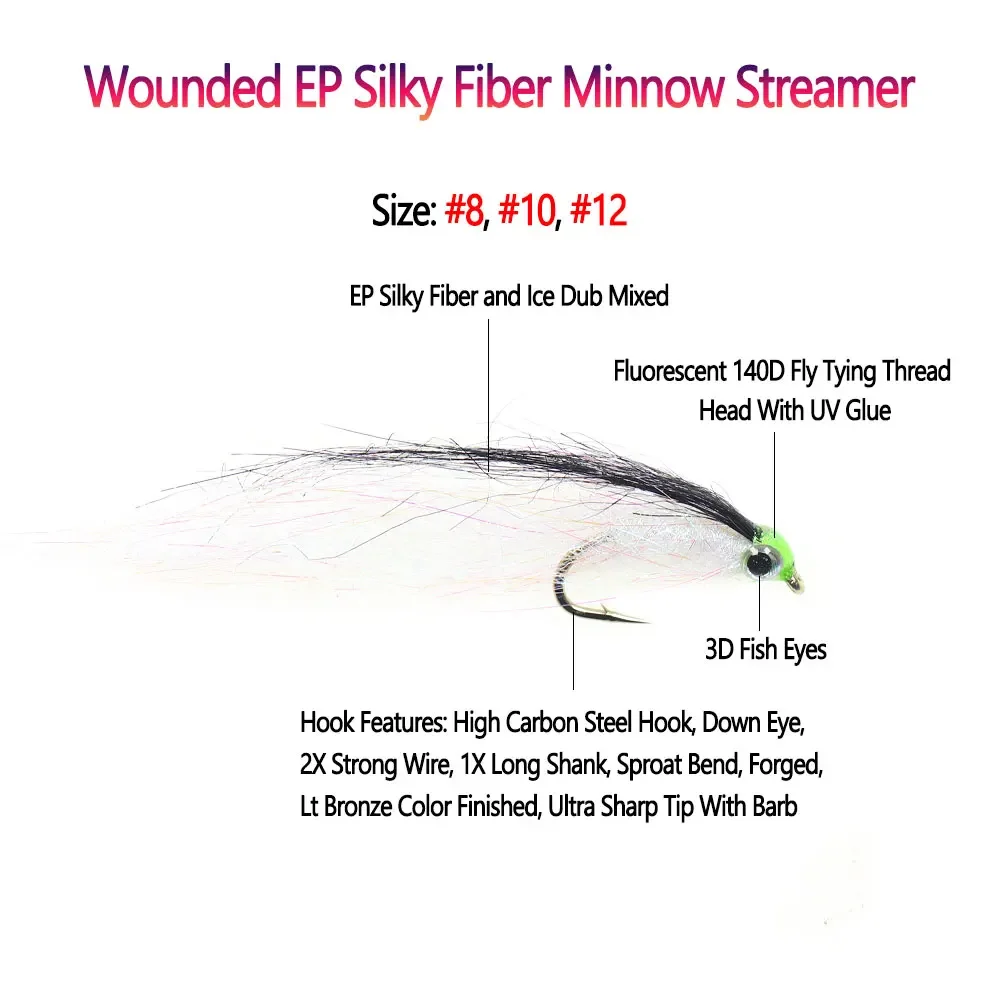 Bimoo 6PCS Slowly Sinking Wounded EP Silky Fiber Minnow Streamer Ice Dub Baitfish Streamer Fly Salmon Bass Trout Fishing Lures