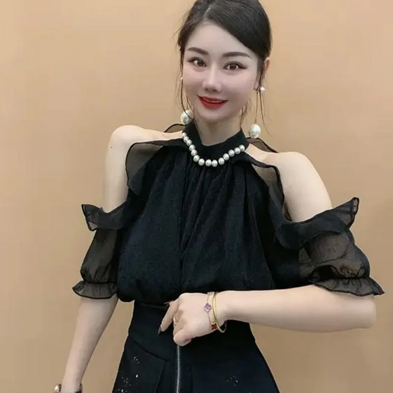 Summer T-shirt Off Shoulder Sweet Korean Fashion Chiffon Blouse Round Neck Pearl Beaded Solid Flare Sleeve Loose Pullover