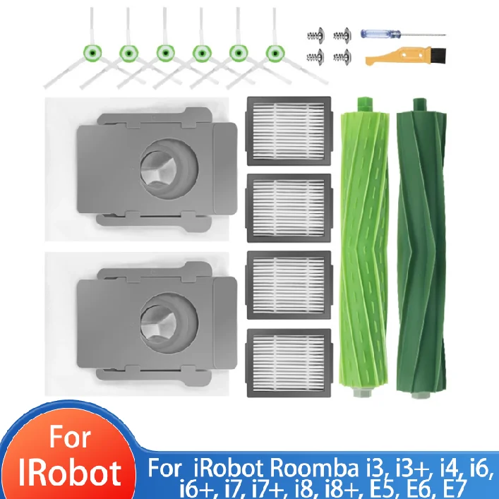 Repuestos para robot aspirador iRobot Roomba i3, i3+, i4, i6, i6+, i7, i7+, i8, i8+, E5, E6, E7: cepillo principal, cepillo lateral, filtro y bolsa para polvo.